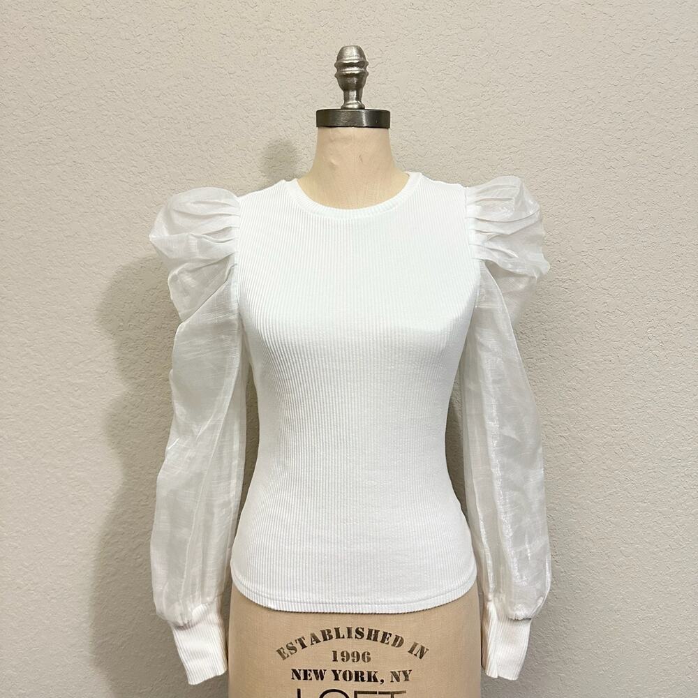 DOLAN ANTHROPOLOGIE Top White Ribbed Knit Sheer Puff Sleeve Blouse